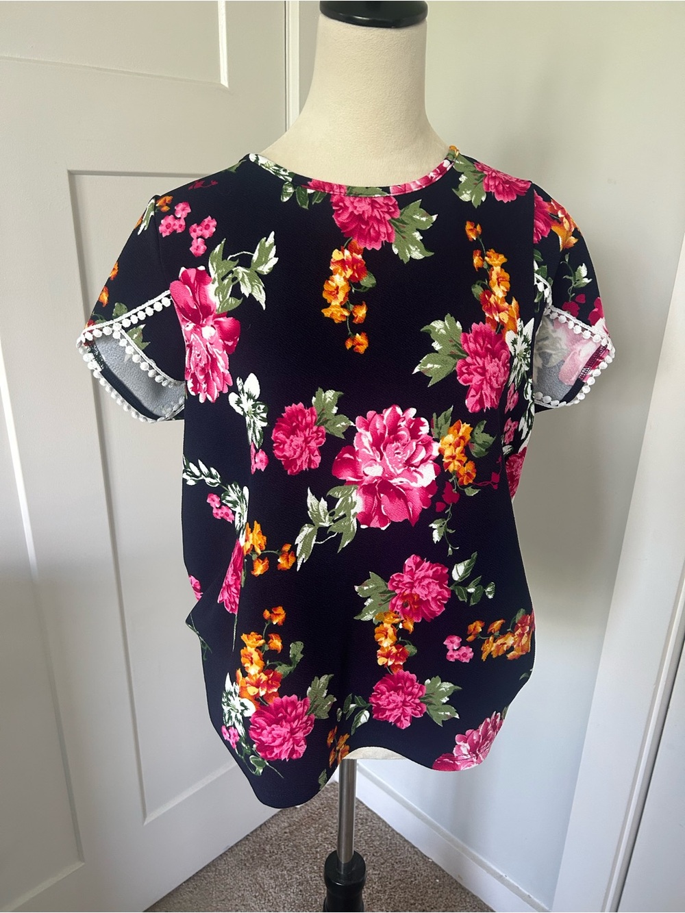 Floral Short Sleeve Blouse with Pink & Orange Blooms